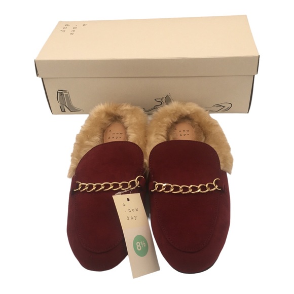 a new day Size 8.5 Women’s Rene Burgundy Flats Slide On Faux Suede & Fur Lining - Picture 5 of 11